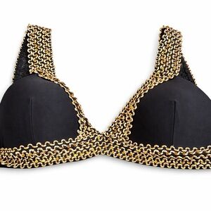 Jasambac Black Bikini Top Gold Embroidered Trim Glam Swimwear NWT Size M